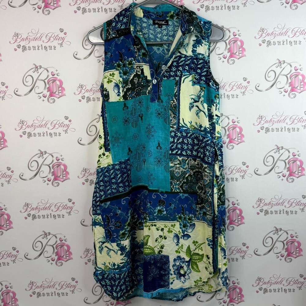 Papa Vancouver dress half button up collared patch’s quilt Blue Patchwork Dress